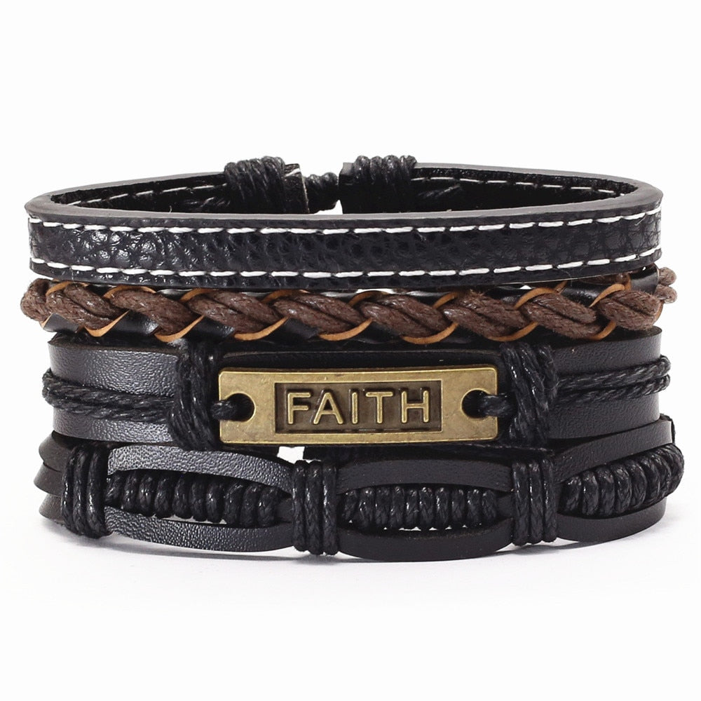 4 pcs Vintage Black Beads Bible Leather Bracelets