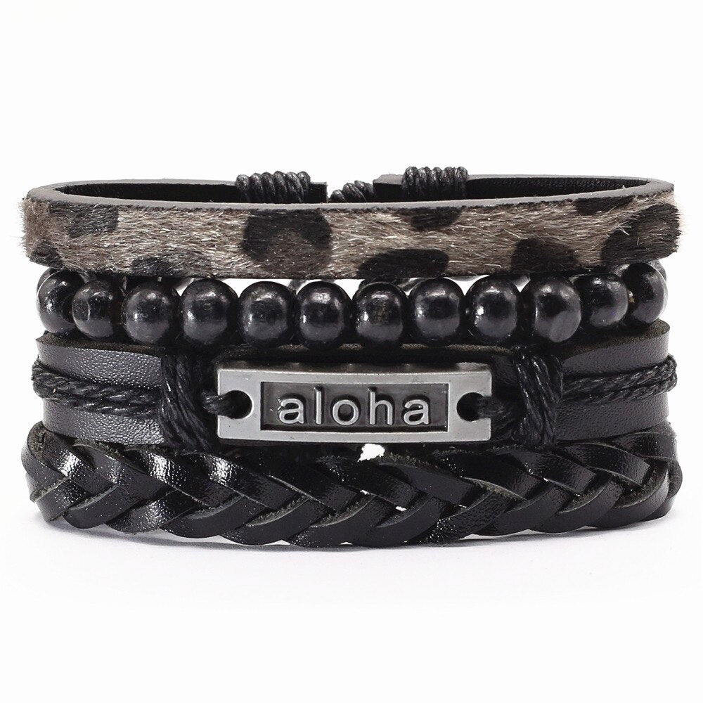 4 pcs Vintage Black Beads Bible Leather Bracelets