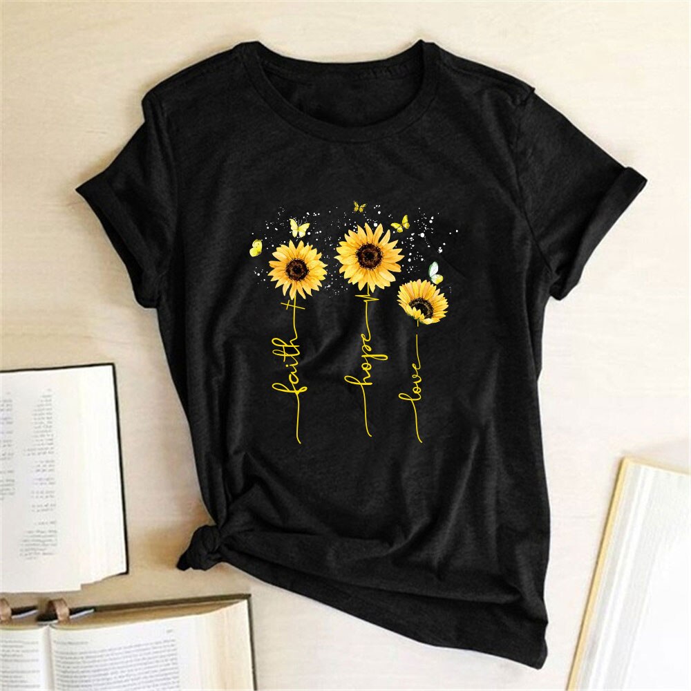 Golden Butterfly Sunflower Printed Women T-shirts