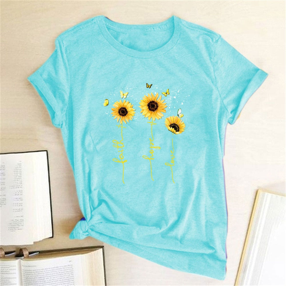 Golden Butterfly Sunflower Printed Women T-shirts