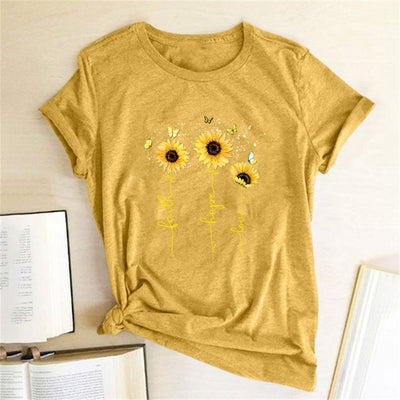 Golden Butterfly Sunflower Printed Women T-shirts